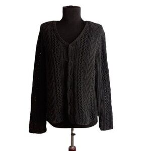J. Jill XL Cardigan Sweater Handknit Black Cable Knit Polyester Nylon Womens